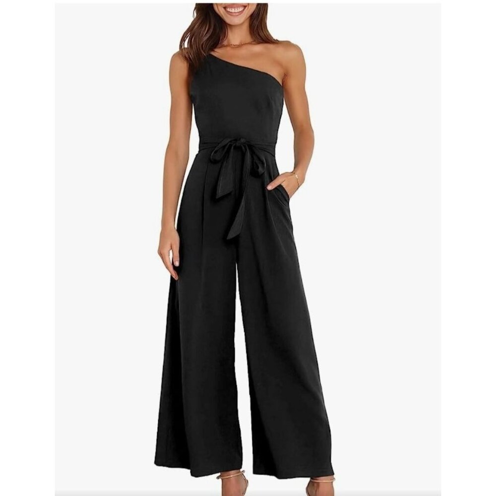 Anrabess Stylish Black One-Shoulder Jumpsuit Tie Size Small Party Cocktail Boho